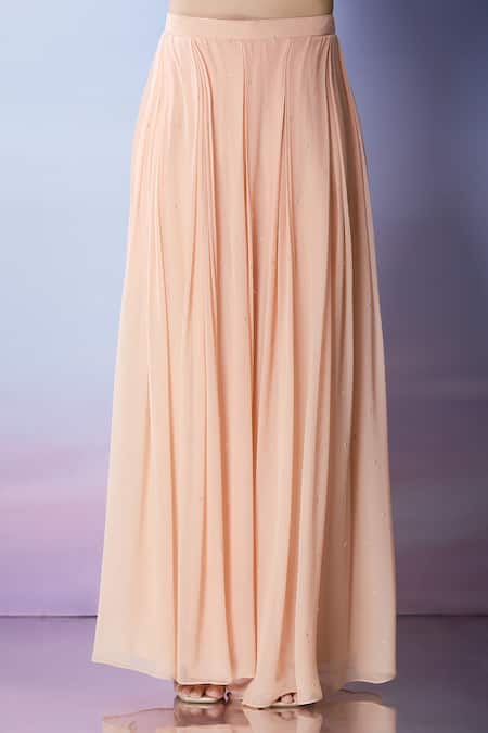 Shop Samyukta Singhania Peach Georgette Sequins, Embroidery V-neck, High Neck, Jacket Sharara Set Online at Aza Fashions Shop_Samyukta Singhania_Peach Georgette Sequins, Embroidery V-neck, High Neck, Jacket Sharara Set_Online_at_Aza_Fashions