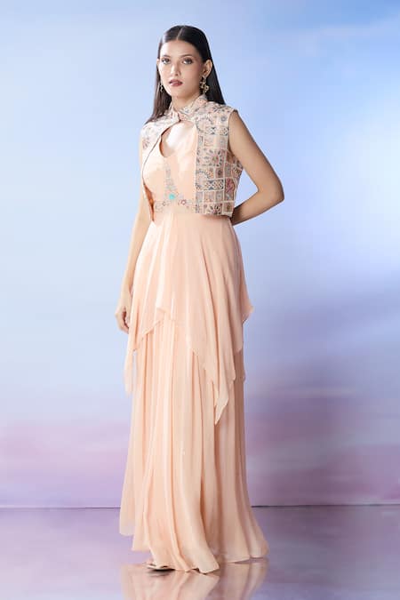 Samyukta Singhania Peach Georgette Sequins, Embroidery V-neck, High Neck, Jacket Sharara Set at Aza Fashions Samyukta Singhania_Peach Georgette Sequins, Embroidery V-neck, High Neck, Jacket Sharara Set_at_Aza_Fashions
