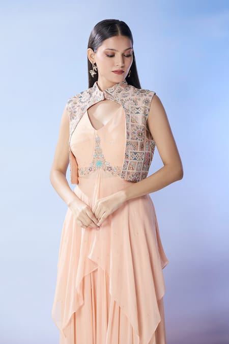 Buy Samyukta Singhania Peach Georgette Sequins, Embroidery V-neck, High Neck, Jacket Sharara Set Buy_Samyukta Singhania_Peach Georgette Sequins, Embroidery V-neck, High Neck, Jacket Sharara Set