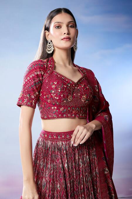 Samyukta Singhania Maroon Silk, Georgette Mirrors, Embroidery Sweetheart Neck And Resham Lehenga Set Online at Aza Fashions Samyukta Singhania_Maroon Silk, Georgette Mirrors, Embroidery Sweetheart Neck And Resham Lehenga Set _Online_at_Aza_Fashions