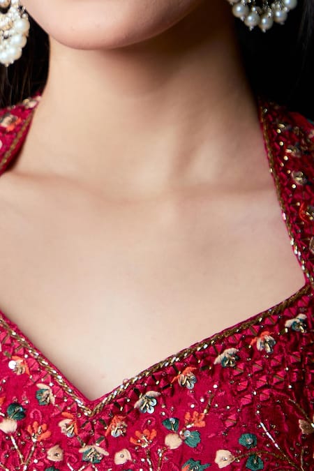 Buy Samyukta Singhania Maroon Silk, Georgette Mirrors, Embroidery Sweetheart Neck And Resham Lehenga Set Online at Aza Fashions Buy_Samyukta Singhania_Maroon Silk, Georgette Mirrors, Embroidery Sweetheart Neck And Resham Lehenga Set _Online_at_Aza_Fashions