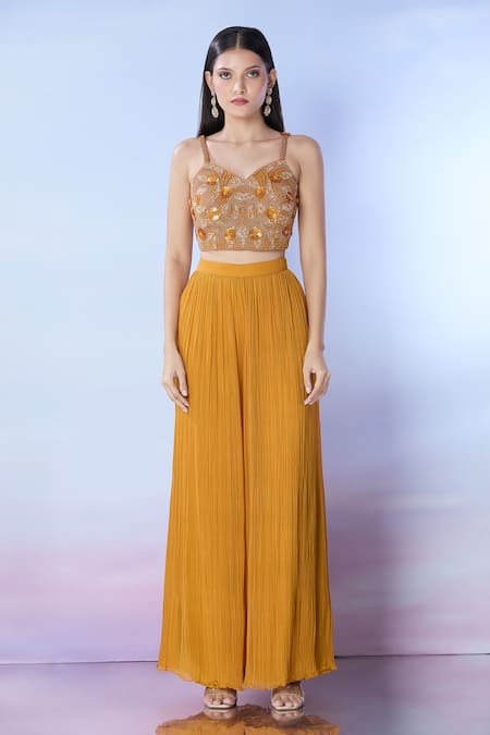 Samyukta Singhania Yellow Silk, Georgette Sequins, Beads, Cutdana Embroidered Jacket And Palazzo Set Online at Aza Fashions Samyukta Singhania_Yellow Silk, Georgette Sequins, Beads, Cutdana Embroidered Jacket And Palazzo Set _Online_at_Aza_Fashions