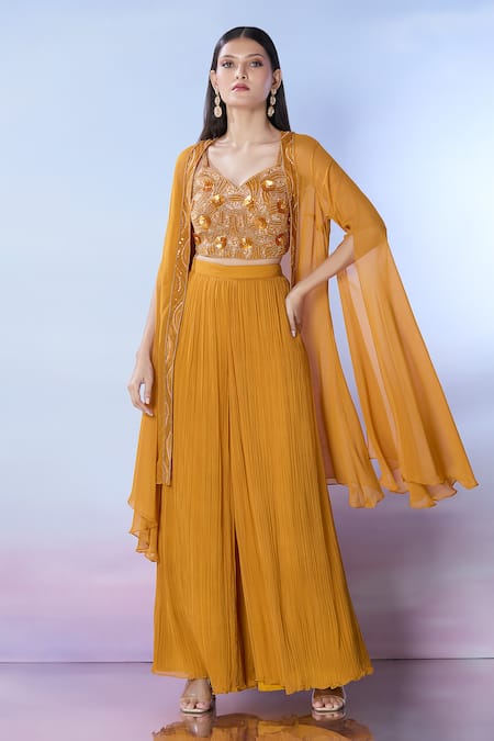 Buy Samyukta Singhania Yellow Silk, Georgette Sequins, Beads, Cutdana Embroidered Jacket And Palazzo Set Online at Aza Fashions Buy_Samyukta Singhania_Yellow Silk, Georgette Sequins, Beads, Cutdana Embroidered Jacket And Palazzo Set _Online_at_Aza_Fashions
