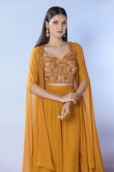 Shop Samyukta Singhania Yellow Silk, Georgette Sequins, Beads, Cutdana Embroidered Jacket And Palazzo Set Online at Aza Fashions Shop_Samyukta Singhania_Yellow Silk, Georgette Sequins, Beads, Cutdana Embroidered Jacket And Palazzo Set _Online_at_Aza_Fashions