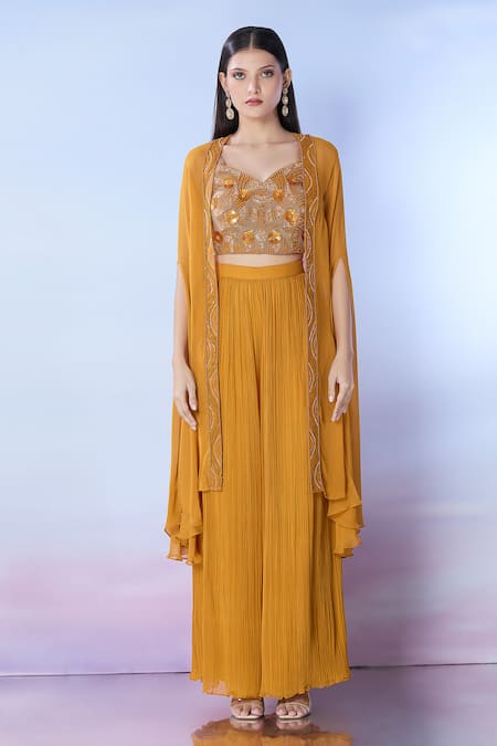 Samyukta Singhania Yellow Silk, Georgette Sequins, Beads, Cutdana Embroidered Jacket And Palazzo Set at Aza Fashions Samyukta Singhania_Yellow Silk, Georgette Sequins, Beads, Cutdana Embroidered Jacket And Palazzo Set _at_Aza_Fashions