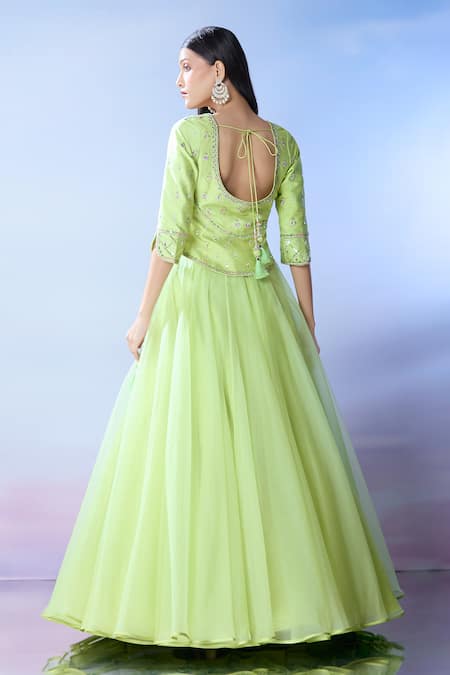 Shop_Samyukta Singhania_Green Silk, Organza Mirrors, Embroidery V-neck And Resham Lehenga Set _at_Aza_Fashions