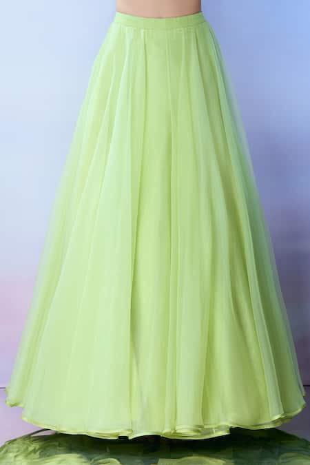 Samyukta Singhania_Green Silk, Organza Mirrors, Embroidery V-neck And Resham Lehenga Set _Online_at_Aza_Fashions