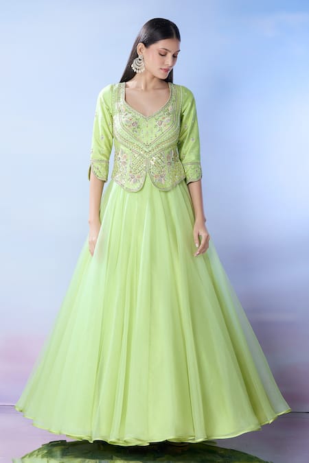 Buy_Samyukta Singhania_Green Silk, Organza Mirrors, Embroidery V-neck And Resham Lehenga Set _Online_at_Aza_Fashions