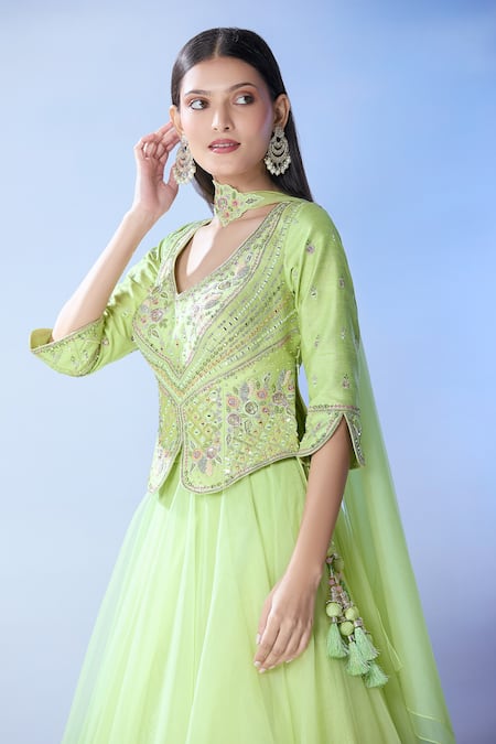 Shop_Samyukta Singhania_Green Silk, Organza Mirrors, Embroidery V-neck And Resham Lehenga Set _Online_at_Aza_Fashions