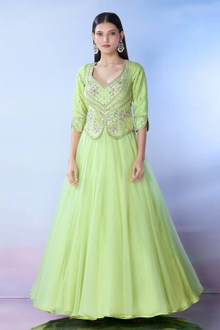 Samyukta Singhania_Green Silk, Organza Mirrors, Embroidery V-neck And Resham Lehenga Set _at_Aza_Fashions