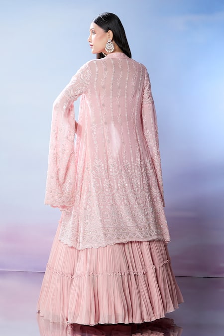Shop Samyukta Singhania Pink Silk, Georgette Pearls, Embroidery, Tassels Cape Pleated Lehenga Set at Aza Fashions Shop_Samyukta Singhania_Pink Silk, Georgette Pearls, Embroidery, Tassels Cape Pleated Lehenga Set _at_Aza_Fashions