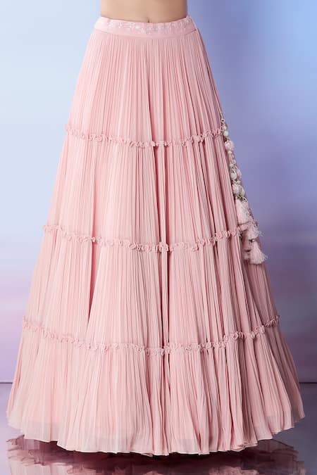 Samyukta Singhania Pink Silk, Georgette Pearls, Embroidery, Tassels Cape Pleated Lehenga Set Online at Aza Fashions Samyukta Singhania_Pink Silk, Georgette Pearls, Embroidery, Tassels Cape Pleated Lehenga Set _Online_at_Aza_Fashions