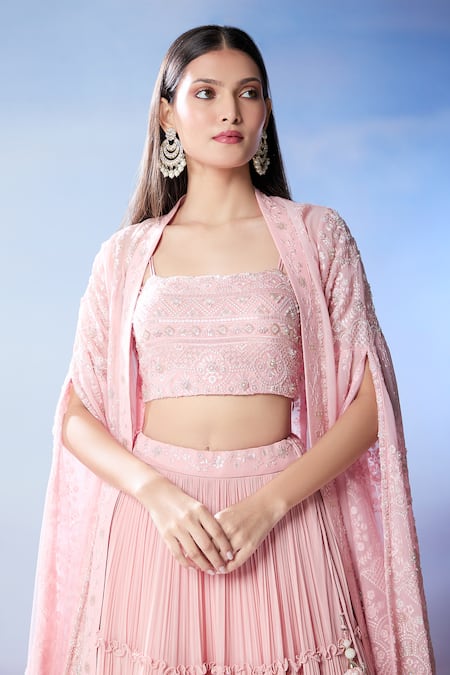 Buy Samyukta Singhania Pink Silk, Georgette Pearls, Embroidery, Tassels Cape Pleated Lehenga Set Online at Aza Fashions Buy_Samyukta Singhania_Pink Silk, Georgette Pearls, Embroidery, Tassels Cape Pleated Lehenga Set _Online_at_Aza_Fashions