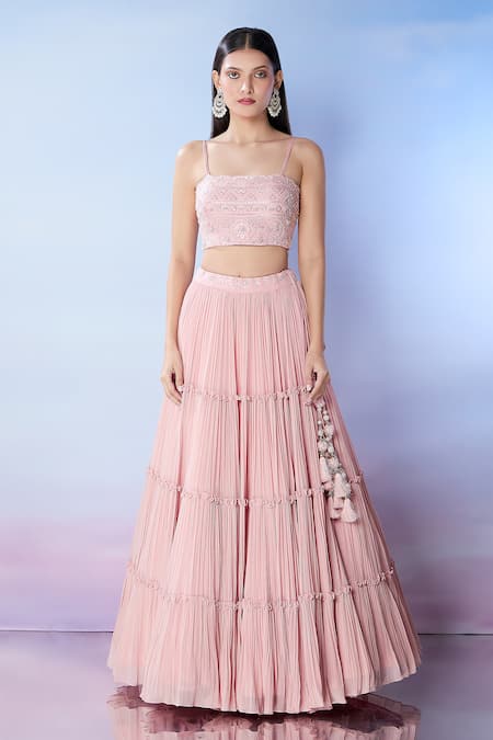 Shop Samyukta Singhania Pink Silk, Georgette Pearls, Embroidery, Tassels Cape Pleated Lehenga Set Online at Aza Fashions Shop_Samyukta Singhania_Pink Silk, Georgette Pearls, Embroidery, Tassels Cape Pleated Lehenga Set _Online_at_Aza_Fashions