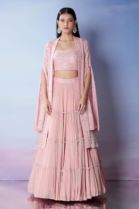 Samyukta Singhania Pink Silk, Georgette Pearls, Embroidery, Tassels Cape Pleated Lehenga Set at Aza Fashions Samyukta Singhania_Pink Silk, Georgette Pearls, Embroidery, Tassels Cape Pleated Lehenga Set _at_Aza_Fashions
