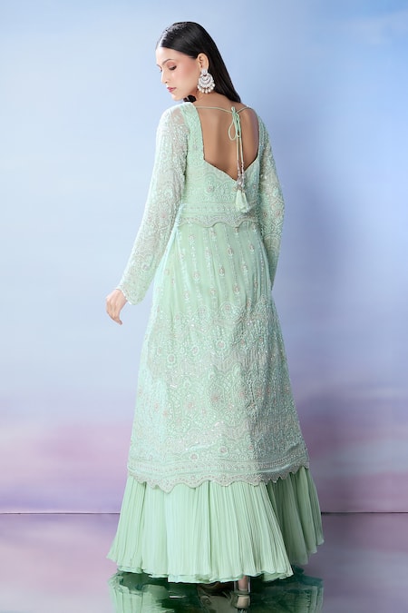 Shop Samyukta Singhania Green Silk, Georgette Pearls, Embroidery Sweetheart Cape Flared Lehenga Set at Aza Fashions Shop_Samyukta Singhania_Green Silk, Georgette Pearls, Embroidery Sweetheart Cape Flared Lehenga Set _at_Aza_Fashions