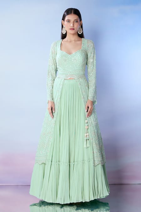 Samyukta Singhania Green Silk, Georgette Pearls, Embroidery Sweetheart Cape Flared Lehenga Set Online at Aza Fashions Samyukta Singhania_Green Silk, Georgette Pearls, Embroidery Sweetheart Cape Flared Lehenga Set _Online_at_Aza_Fashions