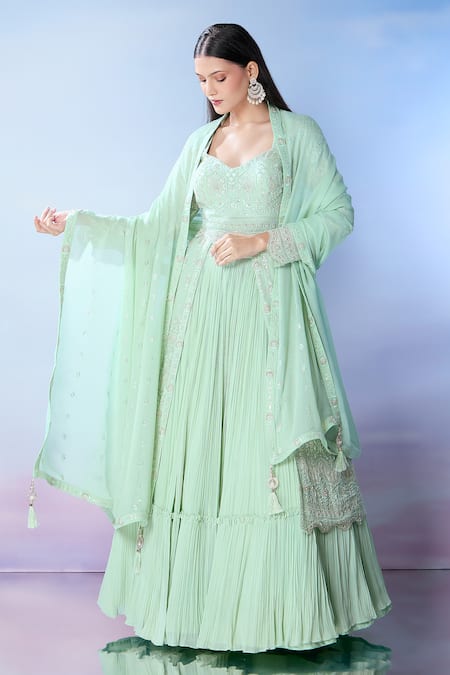 Buy Samyukta Singhania Green Silk, Georgette Pearls, Embroidery Sweetheart Cape Flared Lehenga Set Online at Aza Fashions Buy_Samyukta Singhania_Green Silk, Georgette Pearls, Embroidery Sweetheart Cape Flared Lehenga Set _Online_at_Aza_Fashions