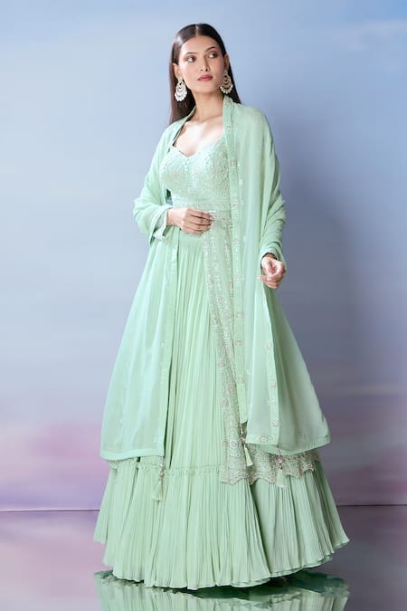 Shop Samyukta Singhania Green Silk, Georgette Pearls, Embroidery Sweetheart Cape Flared Lehenga Set Online at Aza Fashions Shop_Samyukta Singhania_Green Silk, Georgette Pearls, Embroidery Sweetheart Cape Flared Lehenga Set _Online_at_Aza_Fashions