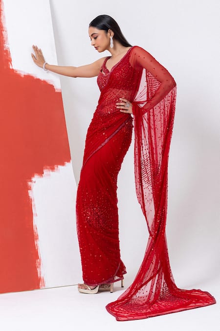 Buy_Mehak Sharma_Red Tulle Cut Work, Sequins Abstract Embroidered Pre-draped Saree And Blouse _Online_at_Aza_Fashions