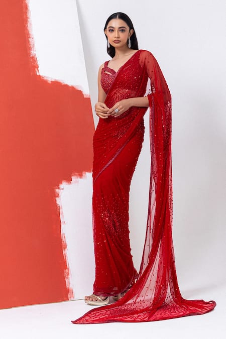 Shop_Mehak Sharma_Red Tulle Cut Work, Sequins Abstract Embroidered Pre-draped Saree And Blouse _Online_at_Aza_Fashions