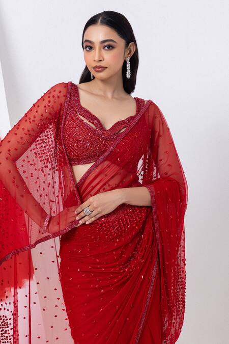 Mehak Sharma_Red Tulle Cut Work, Sequins Abstract Embroidered Pre-draped Saree And Blouse _at_Aza_Fashions