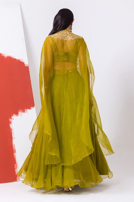 Shop_Mehak Sharma_Green Organza Embroidery, Zari, Diamonds Scoop Floral Lehenga Set With Cape _at_Aza_Fashions