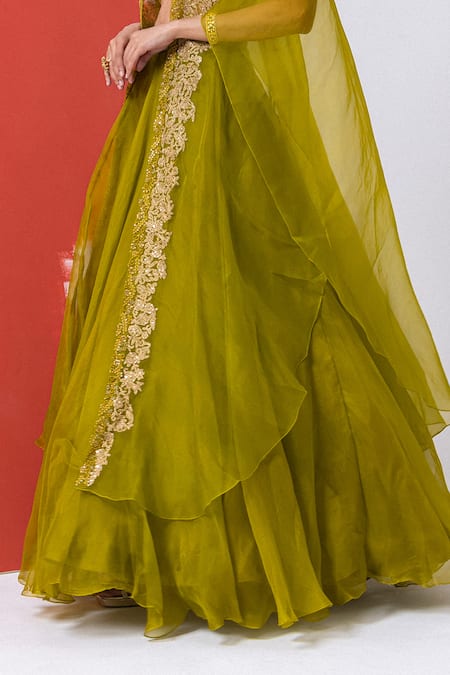 Buy_Mehak Sharma_Green Organza Embroidery, Zari, Diamonds Scoop Floral Lehenga Set With Cape _Online_at_Aza_Fashions