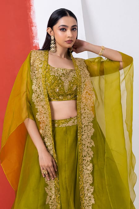 Shop_Mehak Sharma_Green Organza Embroidery, Zari, Diamonds Scoop Floral Lehenga Set With Cape _Online_at_Aza_Fashions