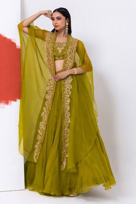 Mehak Sharma_Green Organza Embroidery, Zari, Diamonds Scoop Floral Lehenga Set With Cape _at_Aza_Fashions