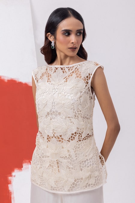 Shop_Mehak Sharma_White Satin Cut Work, Pearls Round Cutdana Embroidered Top And Flared Pant Set _Online_at_Aza_Fashions