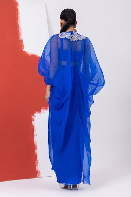 Mehak Sharma Floral Embroidered Blue Skirt Set With Cape 