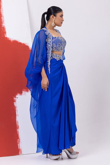 Mehak Sharma_Blue Organza Embroidery, Zari Round Neck Floral Skirt Set With Cape _Online_at_Aza_Fashions