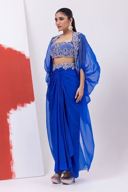Buy_Mehak Sharma_Blue Organza Embroidery, Zari Round Neck Floral Skirt Set With Cape _Online_at_Aza_Fashions