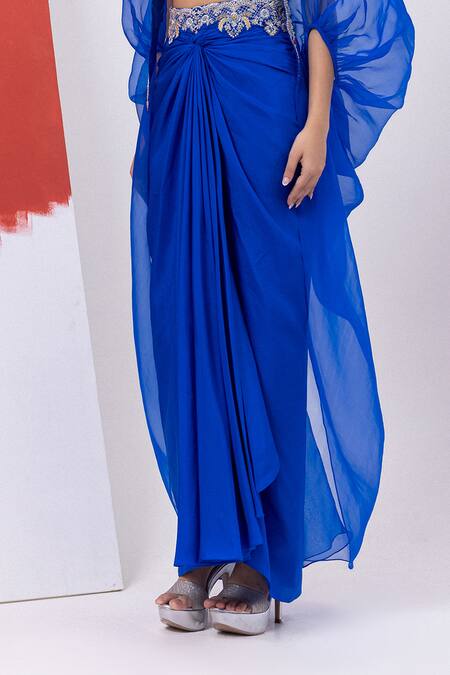 Shop_Mehak Sharma_Blue Organza Embroidery, Zari Round Neck Floral Skirt Set With Cape _Online_at_Aza_Fashions