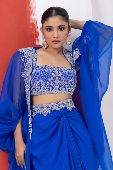 Mehak Sharma_Blue Organza Embroidery, Zari Round Neck Floral Skirt Set With Cape _at_Aza_Fashions