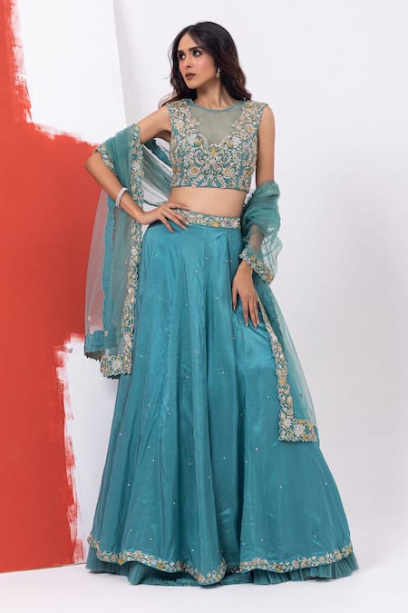 MEHAK SHARMA Floral Embroidered Waist Lehenga Set 