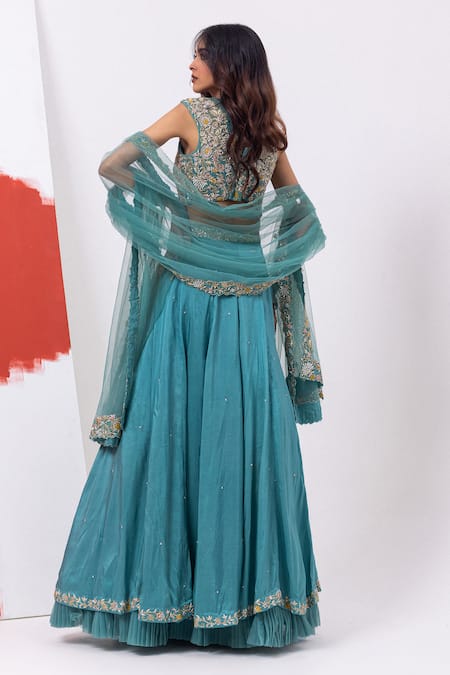Mehak Sharma Floral Embroidered Marine Green Lehenga Set 