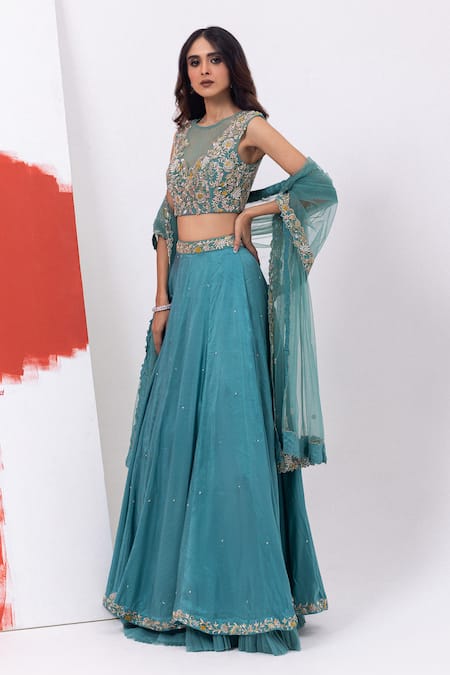 Mehak Sharma Green Tulle, Silk, Chiffon Cut Work, Sequins, Floral Marine Lehenga Set Online at Aza Fashions Mehak Sharma_Green Tulle, Silk, Chiffon Cut Work, Sequins, Floral Marine Lehenga Set _Online_at_Aza_Fashions