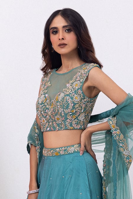 Buy Mehak Sharma Green Tulle, Silk, Chiffon Cut Work, Sequins, Floral Marine Lehenga Set Online at Aza Fashions Buy_Mehak Sharma_Green Tulle, Silk, Chiffon Cut Work, Sequins, Floral Marine Lehenga Set _Online_at_Aza_Fashions
