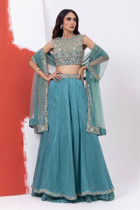 Shop Mehak Sharma Green Tulle, Silk, Chiffon Cut Work, Sequins, Floral Marine Lehenga Set Online at Aza Fashions Shop_Mehak Sharma_Green Tulle, Silk, Chiffon Cut Work, Sequins, Floral Marine Lehenga Set _Online_at_Aza_Fashions