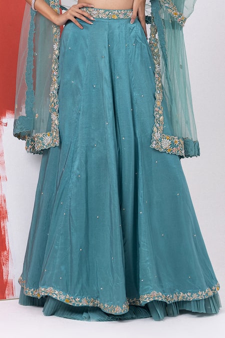 Mehak Sharma Green Tulle, Silk, Chiffon Cut Work, Sequins, Floral Marine Lehenga Set at Aza Fashions Mehak Sharma_Green Tulle, Silk, Chiffon Cut Work, Sequins, Floral Marine Lehenga Set _at_Aza_Fashions