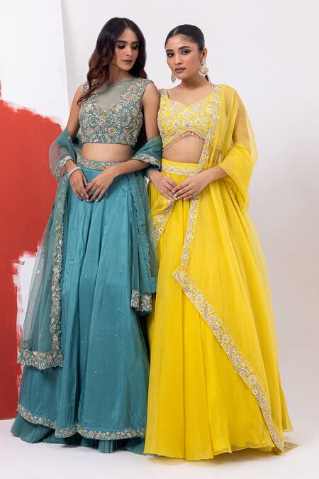 Buy Mehak Sharma Green Tulle, Silk, Chiffon Cut Work, Sequins, Floral Marine Lehenga Set Buy_Mehak Sharma_Green Tulle, Silk, Chiffon Cut Work, Sequins, Floral Marine Lehenga Set
