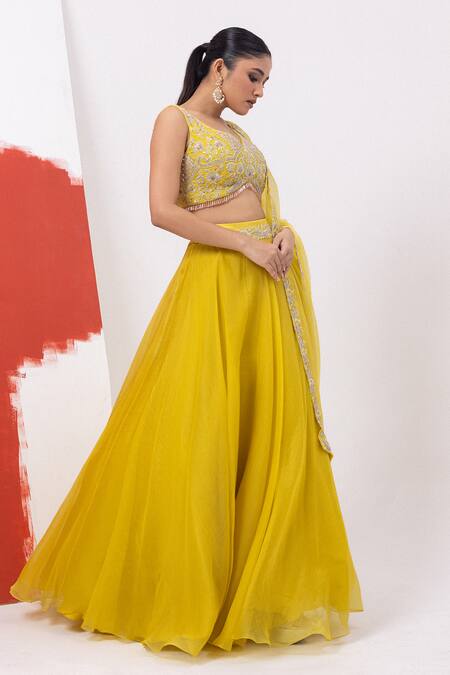 Buy Mehak Sharma Yellow Organza Embroidery, Sequins, Tassels Floral Lehenga Set Online at Aza Fashions Buy_Mehak Sharma_Yellow Organza Embroidery, Sequins, Tassels Floral Lehenga Set _Online_at_Aza_Fashions