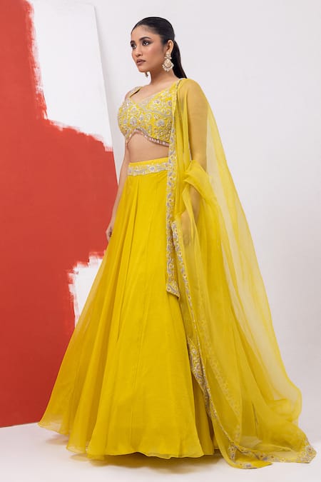 Shop Mehak Sharma Yellow Organza Embroidery, Sequins, Tassels Floral Lehenga Set Online at Aza Fashions Shop_Mehak Sharma_Yellow Organza Embroidery, Sequins, Tassels Floral Lehenga Set _Online_at_Aza_Fashions
