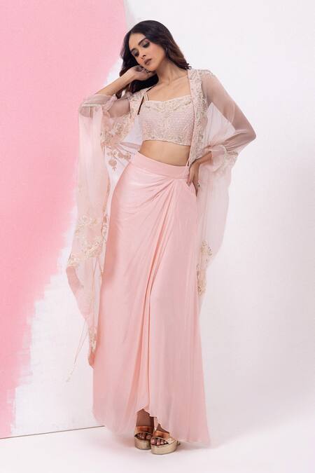 Mehak Sharma_Pink Organza, Satin Sequins, Cut Work Crew Draped Asymmetric Skirt Set With Cape _Online_at_Aza_Fashions