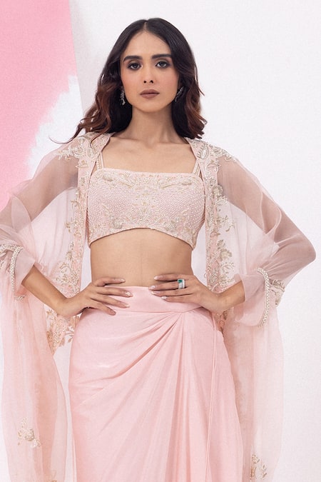 Buy_Mehak Sharma_Pink Organza, Satin Sequins, Cut Work Crew Draped Asymmetric Skirt Set With Cape _Online_at_Aza_Fashions
