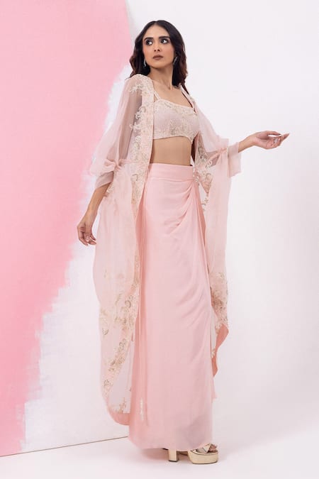 Shop_Mehak Sharma_Pink Organza, Satin Sequins, Cut Work Crew Draped Asymmetric Skirt Set With Cape _Online_at_Aza_Fashions