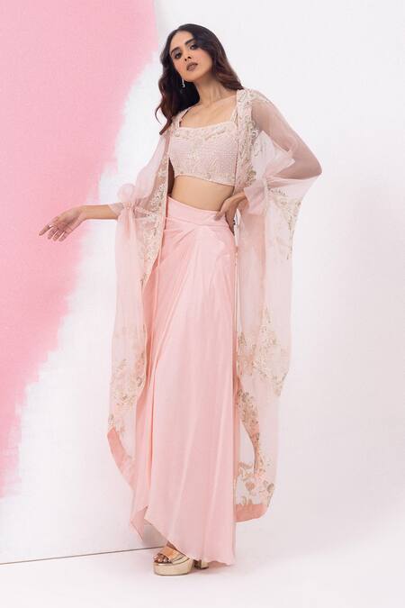 Mehak Sharma_Pink Organza, Satin Sequins, Cut Work Crew Draped Asymmetric Skirt Set With Cape _at_Aza_Fashions