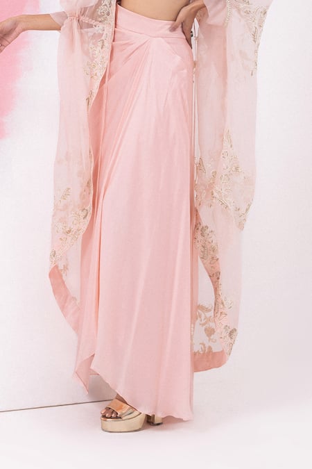 Buy_Mehak Sharma_Pink Organza, Satin Sequins, Cut Work Crew Draped Asymmetric Skirt Set With Cape 